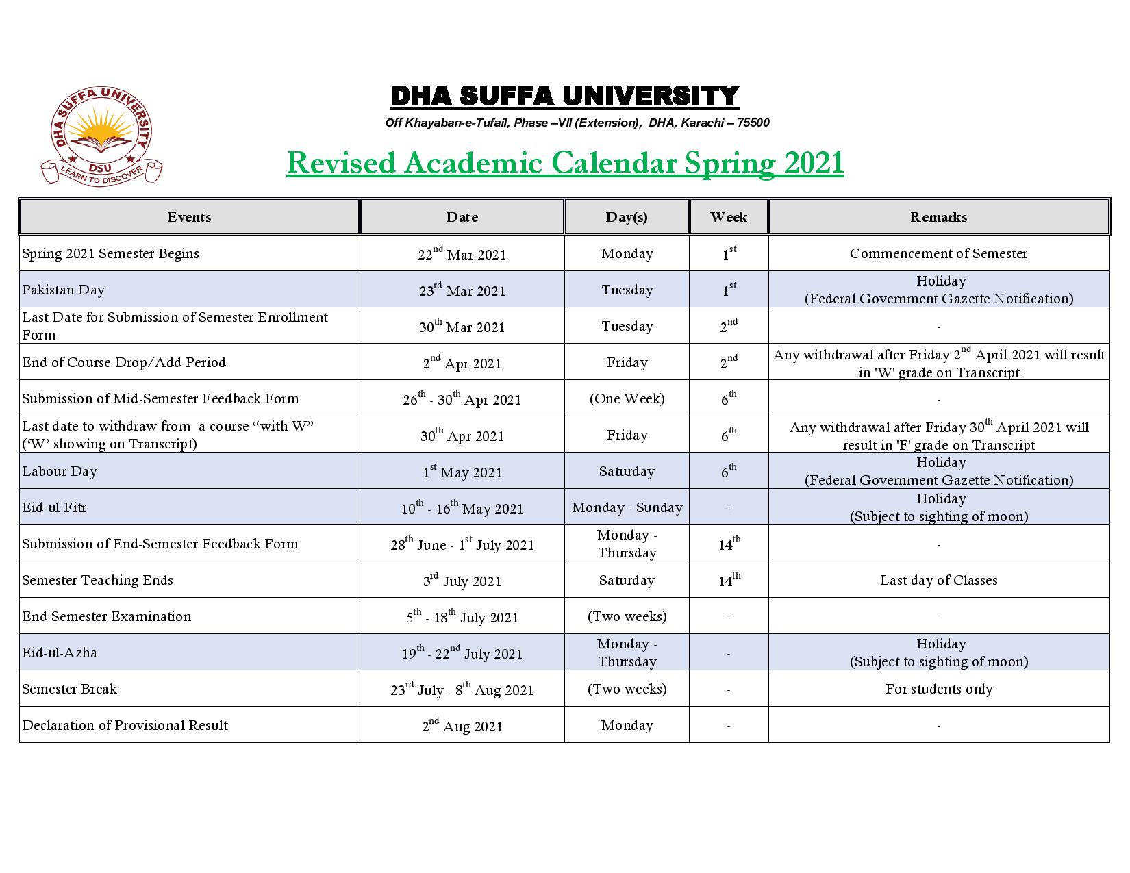 Academic Calendar - DHA Suffa University
